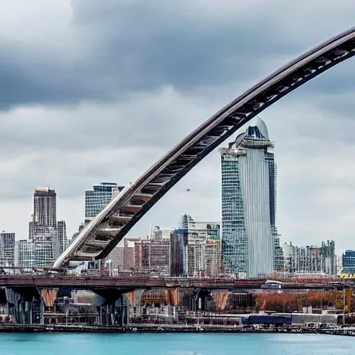 A cityscape showing a modern bridge with a newly opened bike lane on its roof, cyclists riding on the elevated path, surrounding urban buildings and sky, captured in a low-quality, slightly grainy style