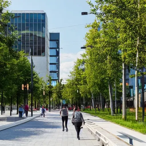 A modern green pedestrian corridor in Tagansky district, featuring a wide walkway lined with lush trees, benches, and contemporary street lighting, with a backdrop of modern buildings and a clear sky.