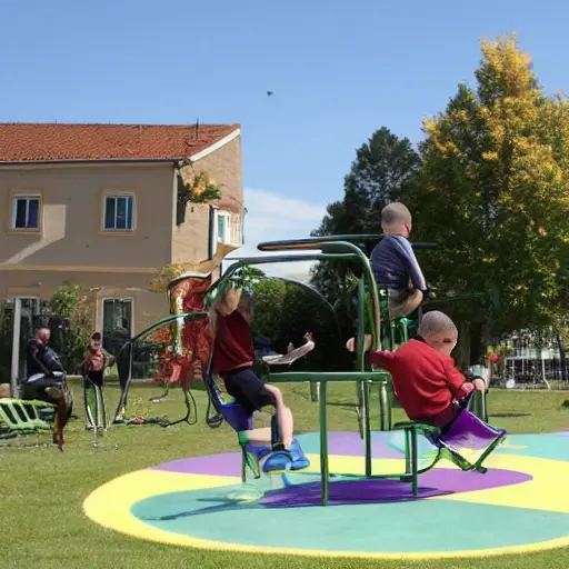 A renovated city square in Troparevo-Maryino featuring an inclusive playground. The scene includes modern, accessible play structures such as ramps, sensory panels, and wheelchair-friendly swings. Children of various ages and abilities are playing together: a child in a wheelchair, a child with a visual aid, and other kids on the equipment. The surrounding park has green lawns, trees, benches, and a paved walking path. The atmosphere is bright and welcoming, showing community interaction and acc