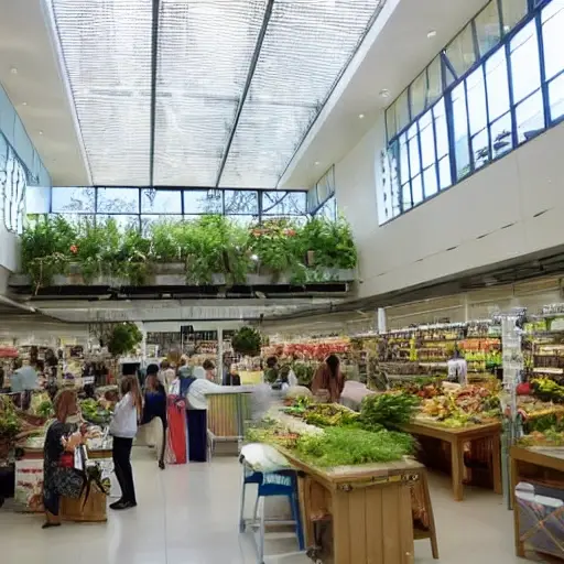 A spacious indoor mega-market located in the city center, featuring eco‑friendly design: abundant natural light through large skylights, abundant indoor plants and vertical gardens, wooden and recycled‑material stalls, solar panels visible on the roof, clear recycling stations, and a calm, sustainable atmosphere with shoppers moving peacefully, all rendered in a low‑detail, low‑quality visual style