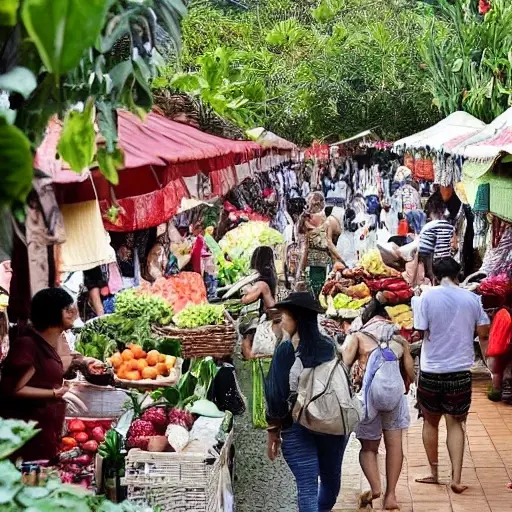 A bustling eco-market in the heart of Mitino featuring stalls with fresh fruits, vegetables, and natural products, surrounded by greenery and eco-friendly signage, with diverse shoppers browsing and carrying reusable bags
