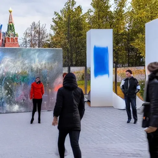 A modern art installation in Moscow featuring interactive elements, with people engaging with the artwork in an urban setting, contemporary design, dynamic lighting, and a mix of digital and physical components