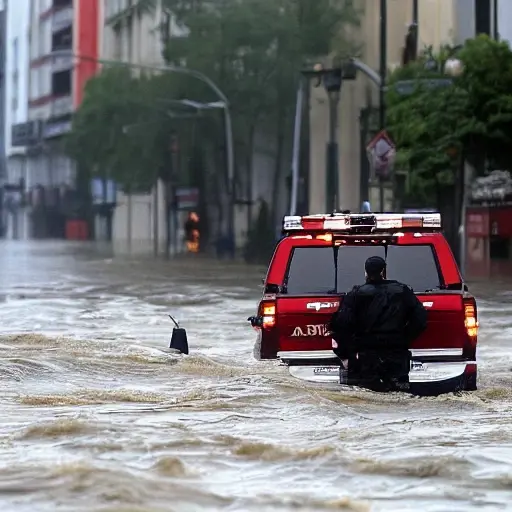 A sudden flood in the center of the city, with rescue workers discovering a submerged object or structure. The scene should show water covering streets, buildings, and vehicles, with emergency responders in action. The image should capture the chaos and urgency of the situation.