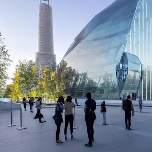 A futuristic museum building in Moscow with a glass façade, visitors interacting with holographic displays, a large digital screen showing a virtual tour, people using AR headsets, a modern interior with interactive exhibits, bright lighting, no text or signage visible