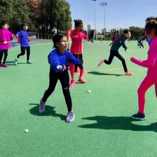 A dynamic scene showing young athletes in futuristic sports gear training in a modern urban park, with holographic displays and digital interfaces illustrating innovative technology, vibrant colors, energetic motion, low quality aesthetic