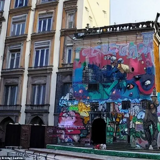 A low-quality image depicting Turin launching a multifunctional art platform where street art and urban culture blend together, showing a vibrant city scene with murals, graffiti artists creating live, and digital interface elements floating in the air
