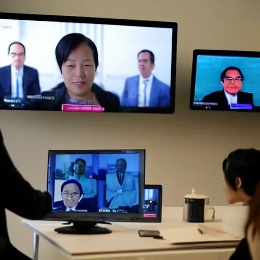 A group of diplomats from different countries engaged in a virtual meeting using digital technologies. They are shown on a low-resolution screen, with various digital tools and platforms visible around them, such as video conferencing software, digital documents, and communication apps. The scene should convey the impact of digital technologies on modern diplomacy.