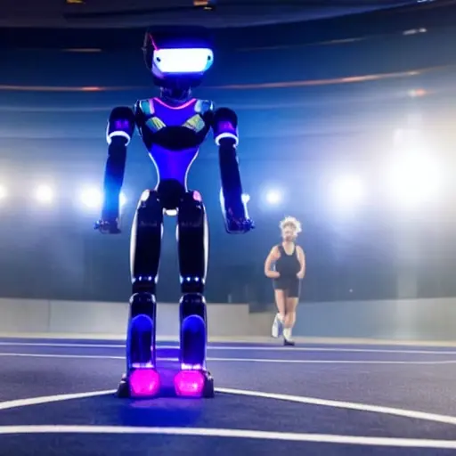 A futuristic gym scene featuring a sleek humanoid robot coach with glowing eyes and advanced sensor arrays, gently guiding an Olympic athlete in motion, surrounded by high-tech equipment and holographic displays, low quality