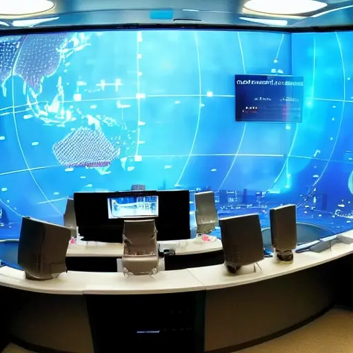 A futuristic government control room with multiple screens displaying cybersecurity data, analysts monitoring and responding to threats, and a large holographic globe showing global cyber attack patterns.