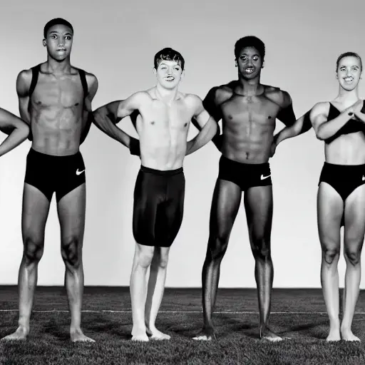 A group of young athletes from various sports, such as track and field, swimming, and gymnastics, standing together in a dynamic pose, showcasing their energy and potential. The athletes should be depicted in a low-quality, sketch-like style, emphasizing their youthful vigor and determination. The background should be simple and abstract, focusing on the athletes' forms and movements.