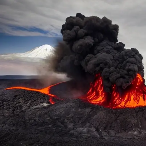 A dramatic scene of volcanic activity on the Kamchatka Peninsula, showing an active volcano with lava flows, ash plumes, and surrounding natural landscape, emphasizing the raw power of nature and the close proximity of humans to this environment, all rendered in a lowquality aesthetic