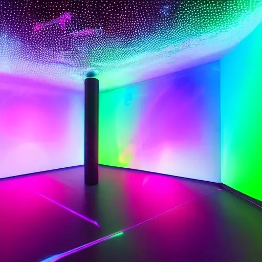 A futuristic multimedia art installation in a dimly lit gallery, featuring glowing abstract shapes and floating holographic screens generated by neural networks, with streams of colorful data particles flowing around, immersive ambient lighting, and reflective surfaces that blend technology and artistic expression
