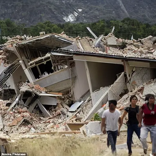 A dramatic scene showing a massive earthquake in a seismically dangerous zone with cracked earth, collapsing buildings, and people fleeing in panic, rendered in low quality