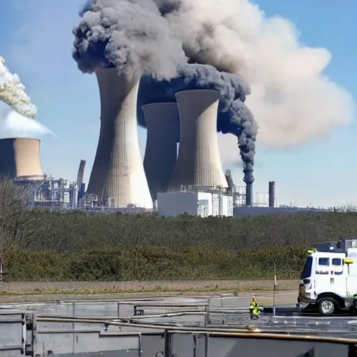 A chaotic scene at a nuclear power plant with emergency response teams in action, smoke rising from a reactor building, and workers in protective gear trying to contain the situation. The scene should depict urgency and the potential for disaster, with a focus on the industrial and technological elements of the power plant.