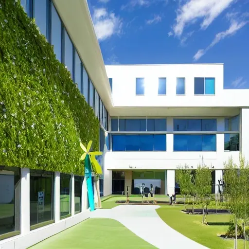 A modern city school building with solar panels on the roof and green walls covered in climbing plants, students in uniforms planting trees in the schoolyard, large windows showing natural light, eco-friendly bicycles parked outside, vibrant green landscaping, clean and sustainable urban environment, lowquality style