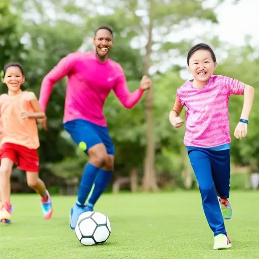A family of four doing various sports activities together in a park, including parents and children playing soccer, basketball, and running, with bright colors and cheerful atmosphere