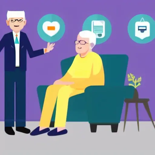 A low-quality illustration showing a digital coordinator for healthcare interacting with an elderly person in a simple home setting, with basic icons representing health data and communication, minimal detail and rough edges