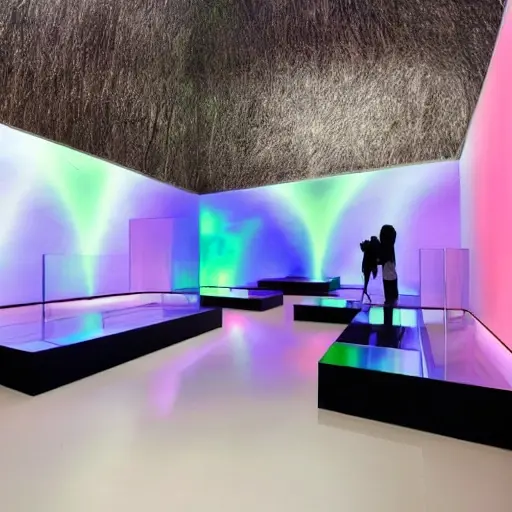 A virtual exhibition hall in a futuristic metaverse platform showcasing modern art installations and digital paintings by contemporary artists, with floating holographic artworks, sleek glass walls, ambient neon lighting, and avatars of visitors interacting with the art, all rendered in a lowquality style