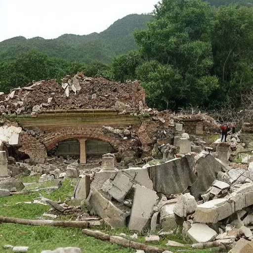 A low-quality image depicting the aftermath of an earthquake on the Far East, showing a historical monument partially collapsed or severely damaged. The scene should include rubble, cracks in the ground, and possibly some people or emergency workers assessing the damage. The monument should be recognizable as a historical structure, such as a temple, statue, or old building.