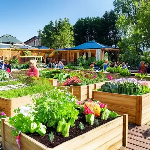 A community garden initiative being launched in Russia, showing diverse people planting vegetables and flowers in raised beds, with wooden signs in Russian, urban backdrop with apartment buildings, early morning sunlight, hopeful atmosphere