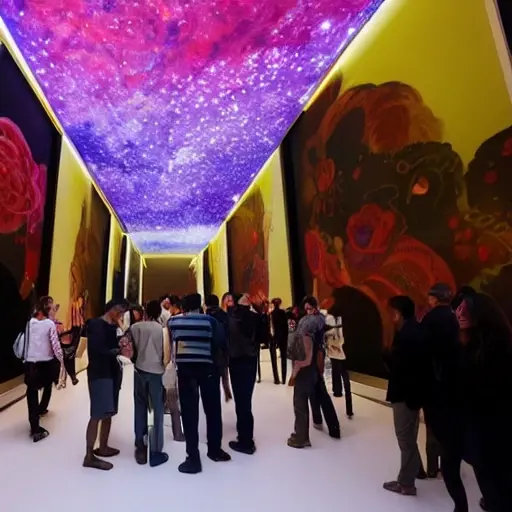 A bustling Parisian art gallery interior with diverse visitors interacting with colorful, illuminated interactive art installations, modern lighting, and elegant architecture, capturing the excitement of the world's first interactive exhibition opening