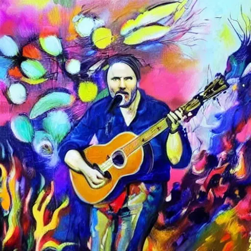 A stage performance with Garik Sukachev, a Russian musician and artist, in a unique artistic setting. The scene should depict a blend of live music and visual art, with Sukachev playing his guitar and surrounded by vibrant, abstract paintings and sculptures. The atmosphere should be creative and dynamic, capturing the essence of his artistic expression.