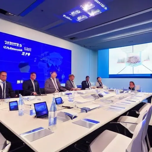 A futuristic political meeting room with representatives from different countries discussing cybersecurity. The room is filled with advanced technology, holographic displays showing global cyber threats, and secure communication devices. The atmosphere is serious and focused, with a sense of urgency and cooperation.